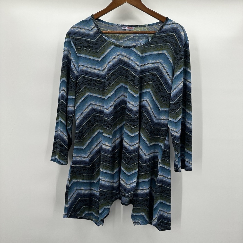 Tianello Top Shirt Womens XL Blue Green Stripe Art‎ Boxy Casual Coastal